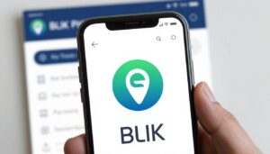 Logo systemu płatności BLIK na tle smartfona z aplikacją bankową