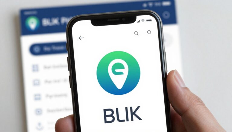 Logo systemu płatności BLIK na tle smartfona z aplikacją bankową