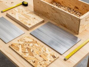 Materiały do budowy zasobnika na pellet - płyty OSB, sklejka wodoodporna i blacha stalowa