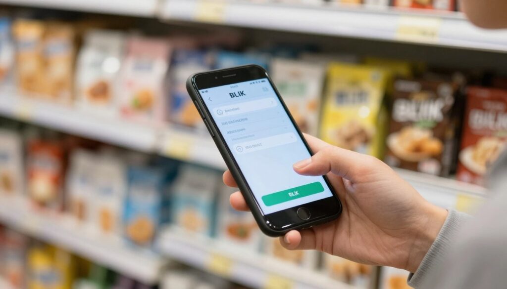 Osoba korzystająca z płatności BLIK na smartfonie w sklepie