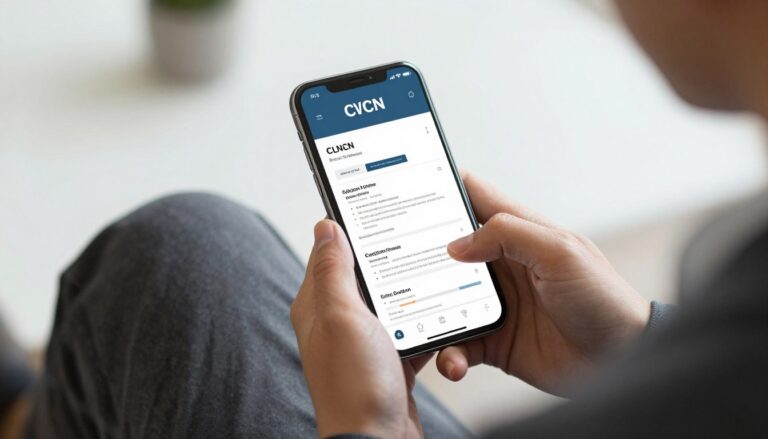 Osoba tworząca CV na telefonie za pomocą aplikacji mobilnej