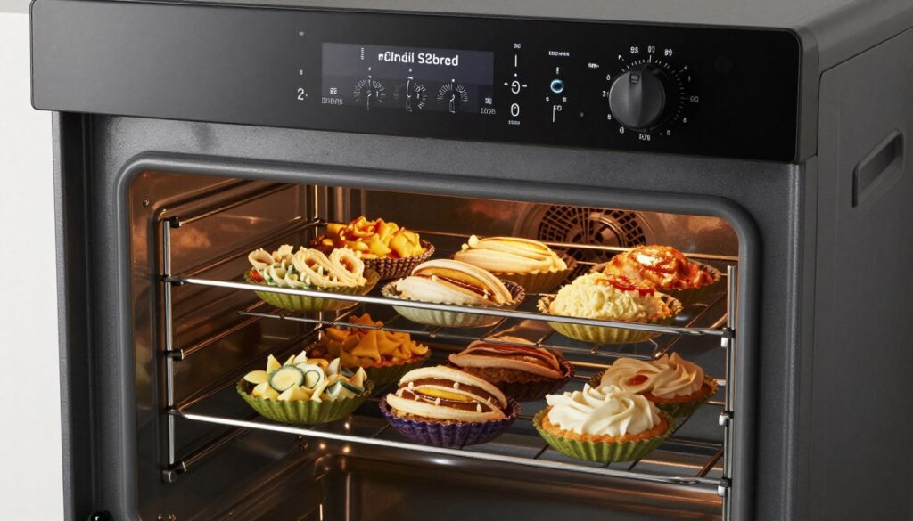 Piekarnik z termoobiegiem z kilkoma potrawami pieczonymi jednocześnie na różnych poziomach