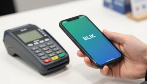 Płatność BLIKIEM w sklepie - osoba zbliżająca telefon do terminala płatniczego