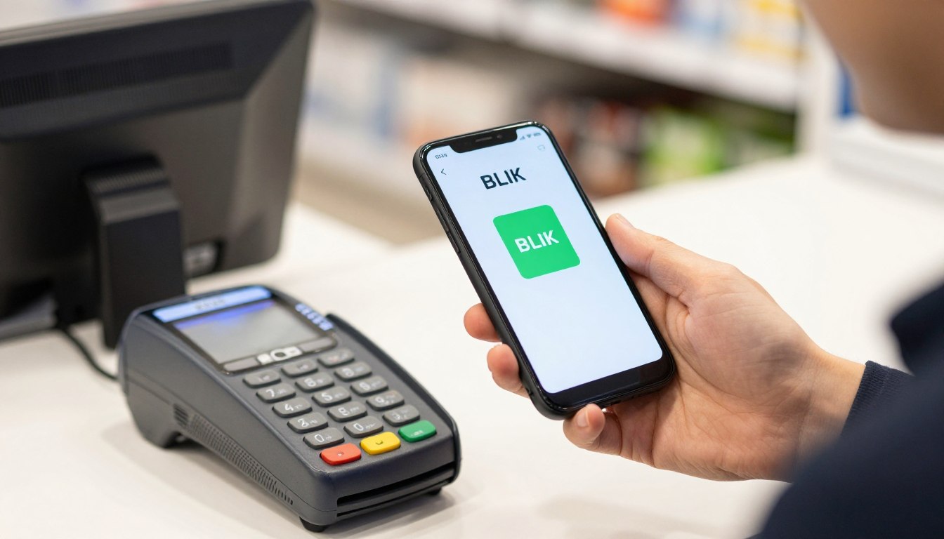 Płatność BLIKIEM w sklepie stacjonarnym - osoba płacąca telefonem przy kasie