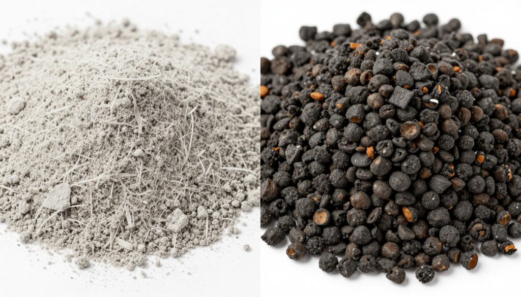 Porównanie prawidłowego popiołu z pelletu (jasno szary, sypki) z nieprawidłowym (ciemny, ze spiekami)