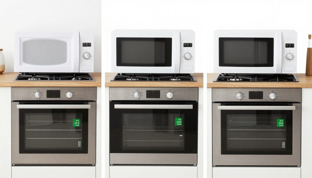 Porównanie różnych urządzeń kuchennych: piekarnik elektryczny, gazowy, mikrofalówka i płyta indukcyjna z widocznymi wartościami zużycia energii