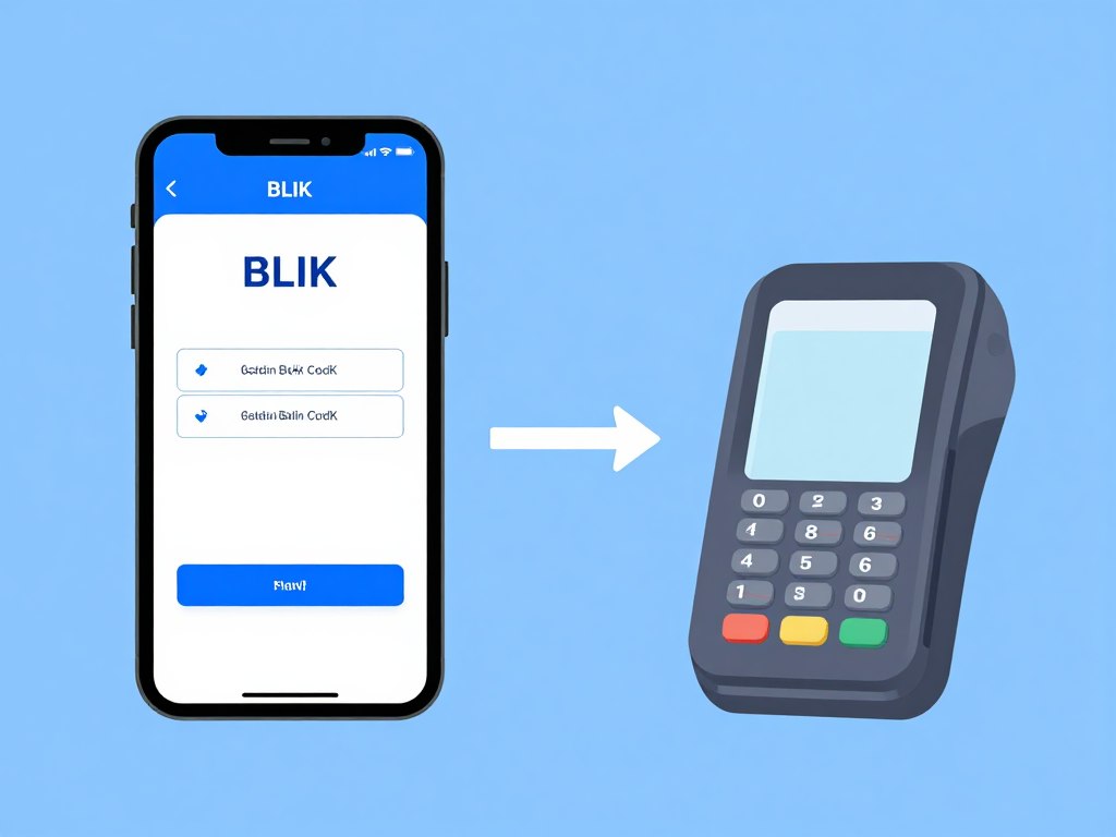 Proces płatności BLIK - smartfon z kodem BLIK i terminal płatniczy