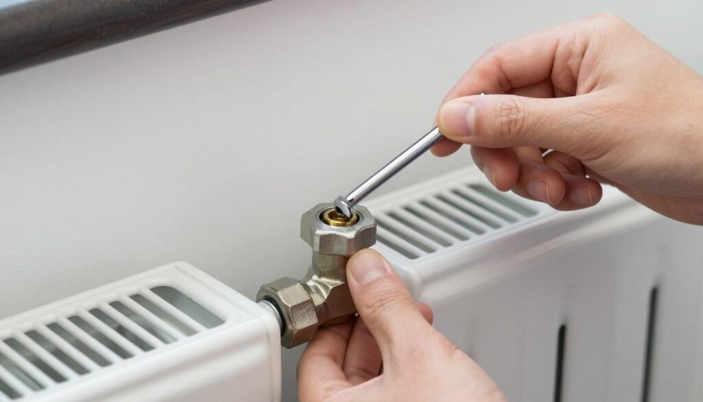 Proces zakręcania zaworu ręcznego grzejnika kluczem imbusowym żeby nie grzał