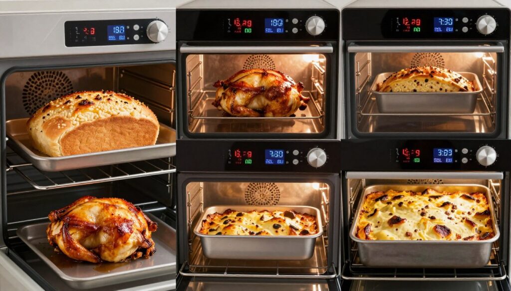 Różne potrawy pieczone w piekarniku: chleb, ciasto, kurczak i zapiekanka z widocznymi czasami pieczenia