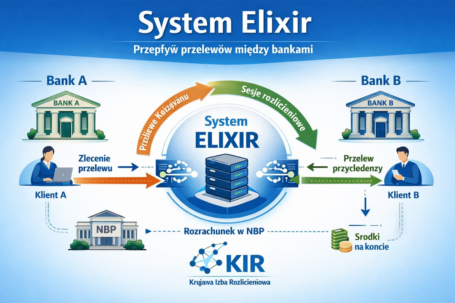 Schemat działania systemu Elixir pokazujący przepływ przelewów między bankami