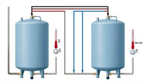 Schemat systemu grzewczego z buforem ciepła pokazujący przepływ energii