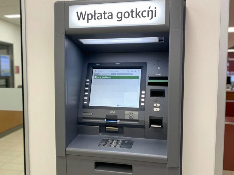 Wpłatomat bankowy z wyświetlaczem i klawiaturą pokazujący jak działa wpłatomat