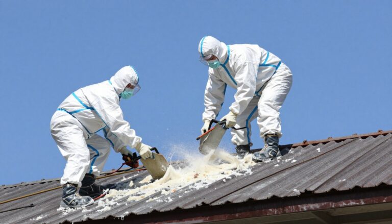 Demontaż eternitu z dachu dwuspadowego - specjaliści w kombinezonach ochronnych