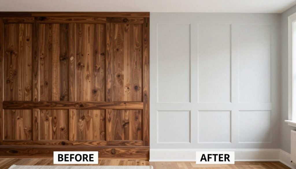 Efekt przed i po malowaniu boazerii