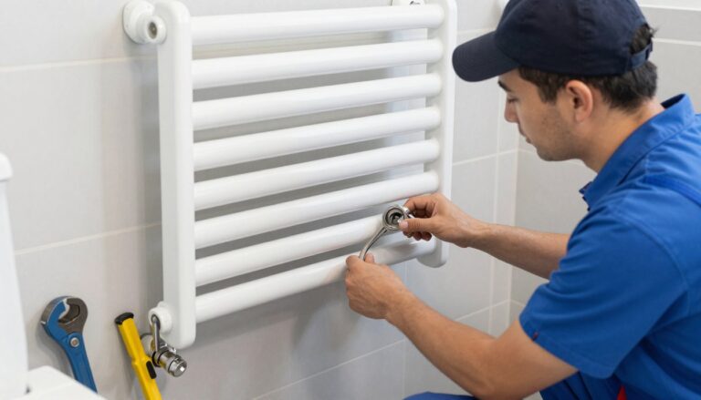 Fachowiec montujący grzejnik łazienkowy z widocznymi narzędziami i materiałami instalacyjnymi