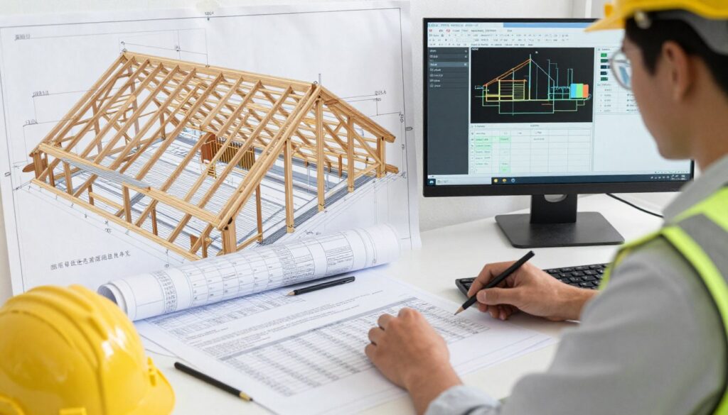 Inżynier wykonujący dokładne obliczenia konstrukcji dachowej
