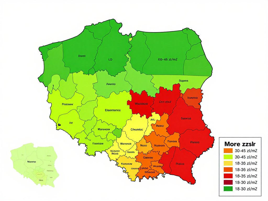 Mapa Polski pokazująca różnice w cenach malowania boazerii w różnych regionach