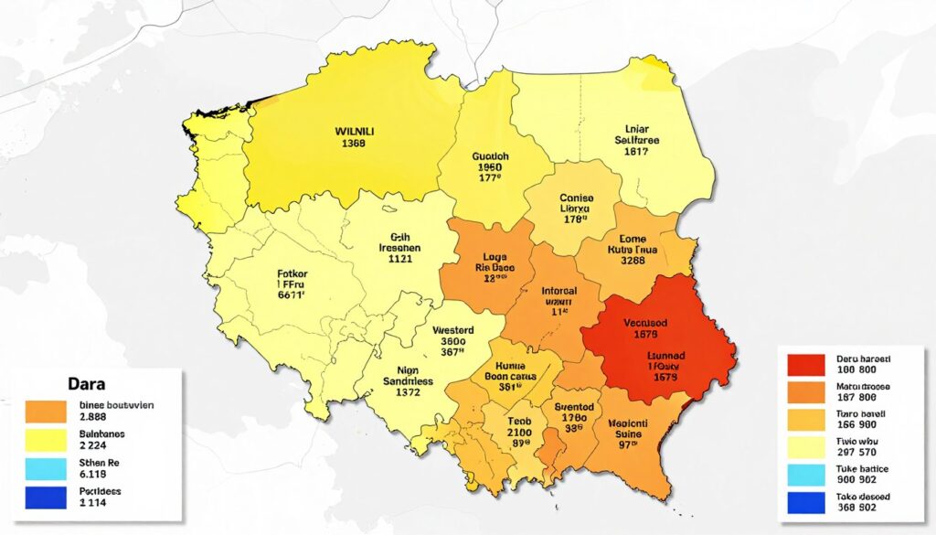 Mapa Polski z zaznaczonymi cenami za montaż grzejnika łazienkowego w różnych województwach