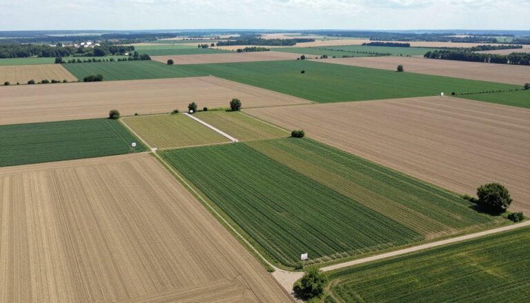Panorama wiejskiego krajobrazu z polami uprawnymi i działkami na sprzedaż, ilustrująca temat ile kosztuje 1 ar ziemi na wsi
