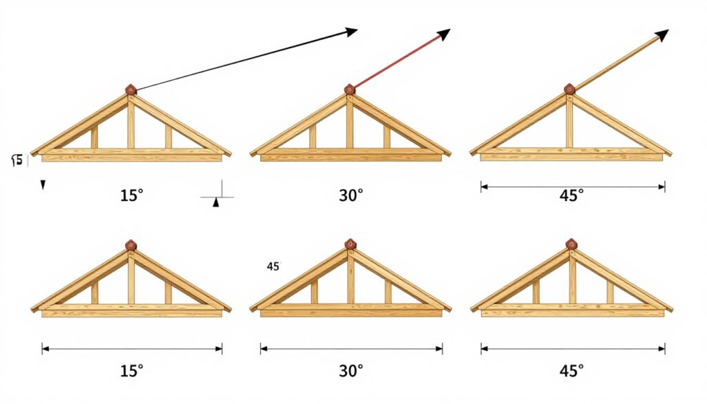 Schemat pokazujący jak różne kąty nachylenia dachu wpływają na długość krokwi