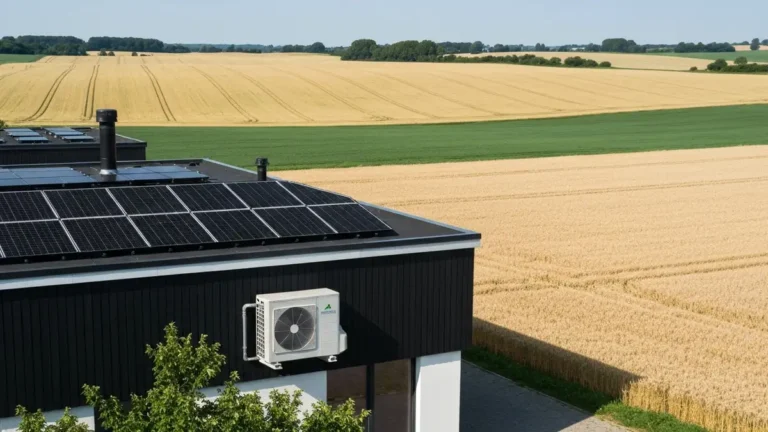 Gospodarstwo rolne z panelami fotowoltaicznymi na dachu i pompą ciepła powietrze-powietrze zainstalowaną na ścianie – dotacja Agroenergia