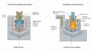 Porównanie budowy akumulatora solid-state z elektrolitem stałym i tradycyjnej baterii Li-ion z elektrolitem ciekłym