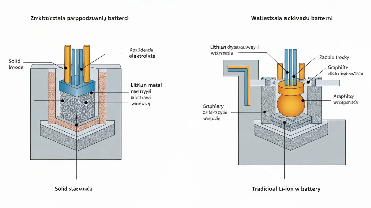 Porównanie budowy akumulatora solid-state z elektrolitem stałym i tradycyjnej baterii Li-ion z elektrolitem ciekłym