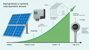 Ilustracja przedstawiająca schemat amortyzacji instalacji fotowoltaicznej: panele słoneczne, inwerter, licznik energii i wykres spadku wartości w czasie