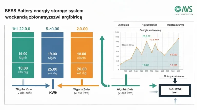 Schemat arbitrażu energii: ładowanie magazynu BESS w godzinach niskich cen TGE, rozładowywanie w godzinach szczytowych; wykres zmian cen energii elektrycznej na giełdzie.