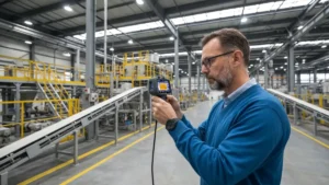 Audytor energetyczny podczas pomiaru zużycia energii w hali produkcyjnej przedsiębiorstwa z urządzeniami pomiarowymi