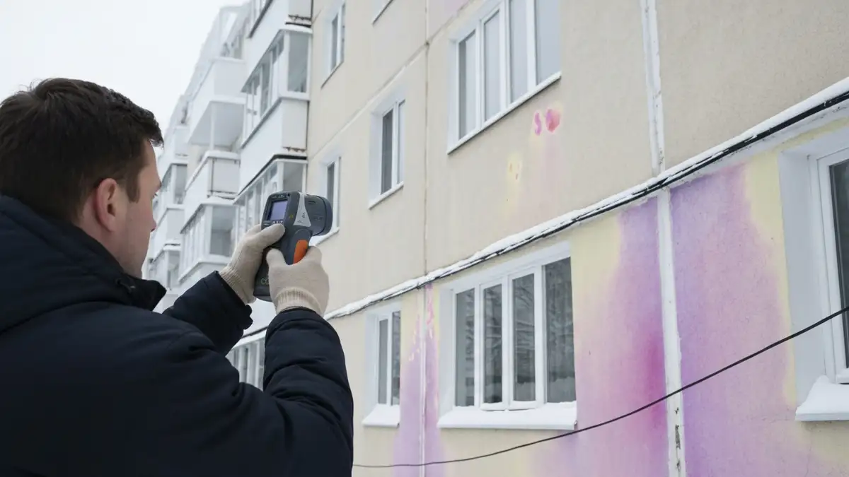 Audytor energetyczny przeprowadzający inspekcję termowizyjną ścian budynku mieszkalnego wspólnoty