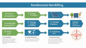 Schemat autokonsumpcji energii w systemie net-billing – energia produkowana przez panele fotowoltaiczne, zużyta w domu i zapisana na depozycie