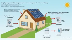 Schemat autokonsumpcji energii z paneli fotowoltaicznych bez magazynu – przepływ energii z paneli PV do urządzeń domowych i sieci elektroenergetycznej