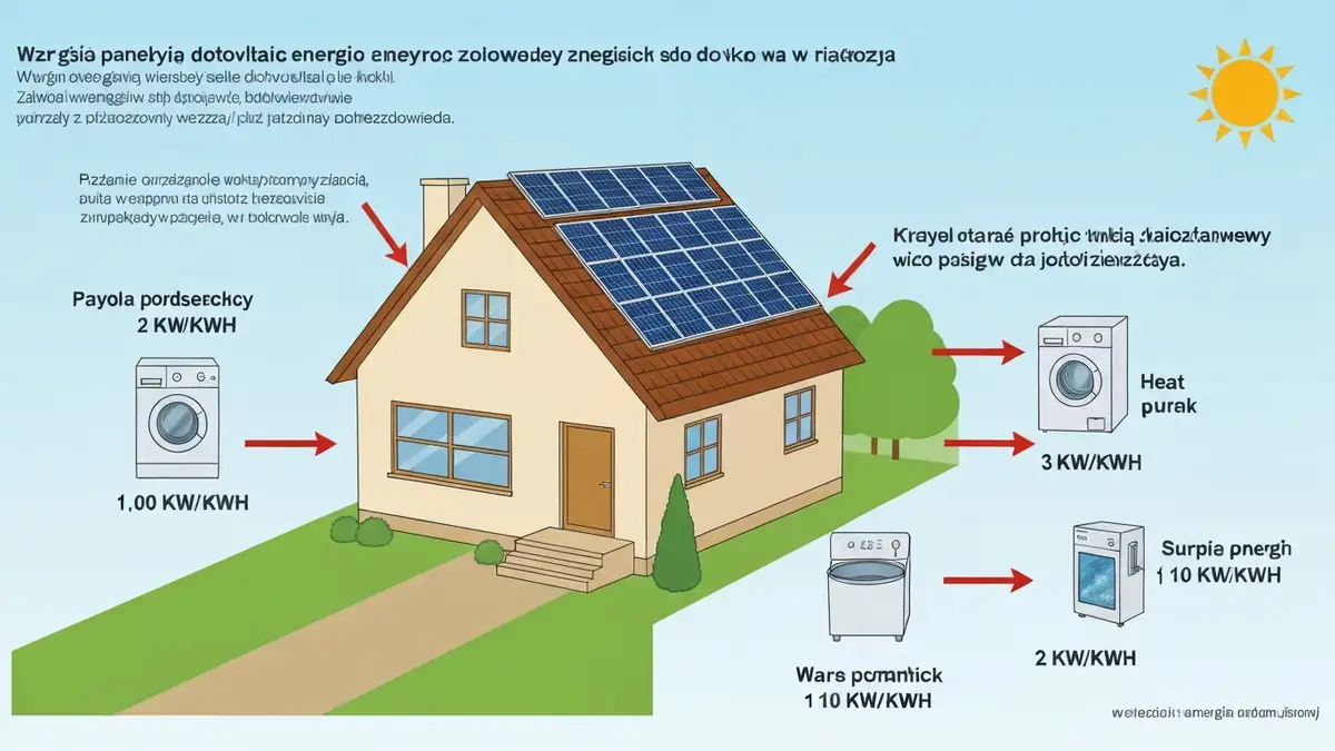 Schemat autokonsumpcji energii z paneli fotowoltaicznych bez magazynu – przepływ energii z paneli PV do urządzeń domowych i sieci elektroenergetycznej