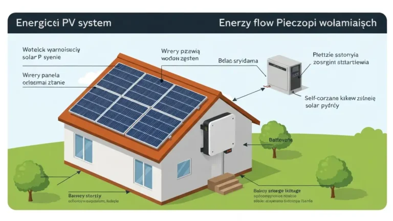 Schemat autokonsumpcji w instalacji fotowoltaicznej - przeplyw energii z paneli do domu i sieci