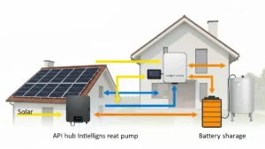 Schemat automatyzacji ogrzewania: panele PV → inwerter → sterownik API → pompa ciepła i magazyn energii