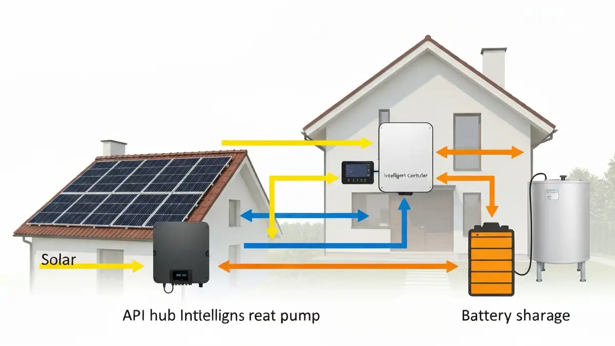 Schemat automatyzacji ogrzewania: panele PV → inwerter → sterownik API → pompa ciepła i magazyn energii