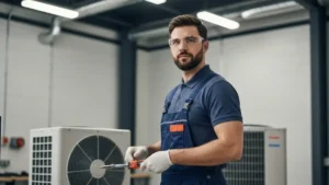 Technik w niebieskim mundurze z logo Daikin, Mitsubishi i Vaillant trzymający dokumenty certyfikacyjne na tle warsztatu technicznego z pompa ciepła
