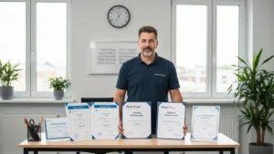 Certyfikaty i dokumenty autoryzowanego partnera SolarEdge, Fronius, Huawei na biurku instalatora