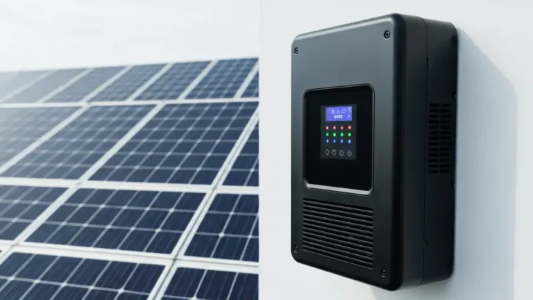 Falownik fotowoltaiczny z kolorowym wyświetlaczem LED pokazującym kod błędu na tle paneli słonecznych