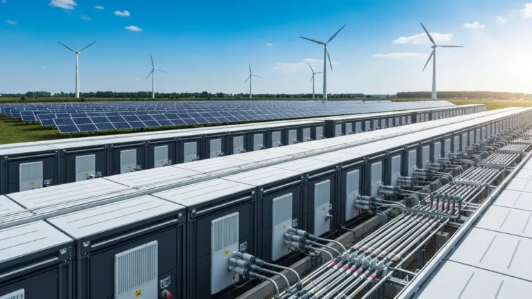 Duży magazyn energii BESS z panelami fotowoltaicznymi i turbinami wiarowymi w tle, przedstawiający infrastrukturę elektroenergetyczną
