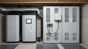 Bezpieczny magazyn energii litowej w piwnicy domu z widocznym systemem wentylacji, czujnikami temperatury i tabliczkami ostrzegawczymi CE