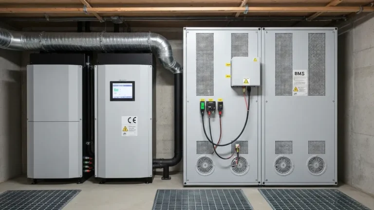 Bezpieczny magazyn energii litowej w piwnicy domu z widocznym systemem wentylacji, czujnikami temperatury i tabliczkami ostrzegawczymi CE