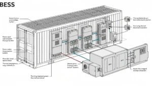 Schemat systemu magazynowania energii BESS z zaznaczonym systemem BMS, izolacją termiczną i systemem gaśniczym
