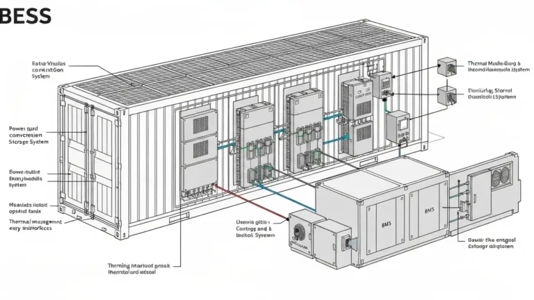 Schemat systemu magazynowania energii BESS z zaznaczonym systemem BMS, izolacją termiczną i systemem gaśniczym