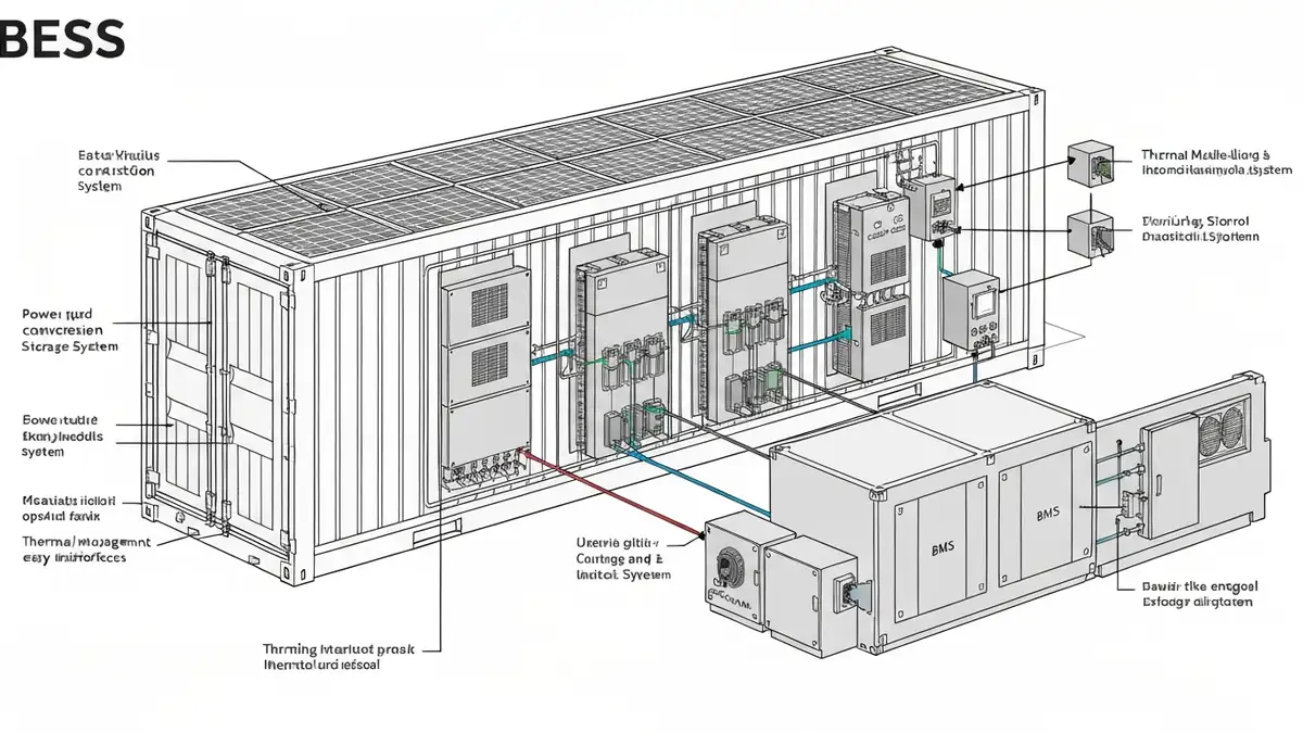 Schemat systemu magazynowania energii BESS z zaznaczonym systemem BMS, izolacją termiczną i systemem gaśniczym