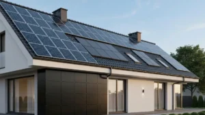 Nowoczesny dom z czarną fasadą fotowoltaiczną BIPV zintegrowaną z budynkiem oraz dachówkami słonecznymi na dachu