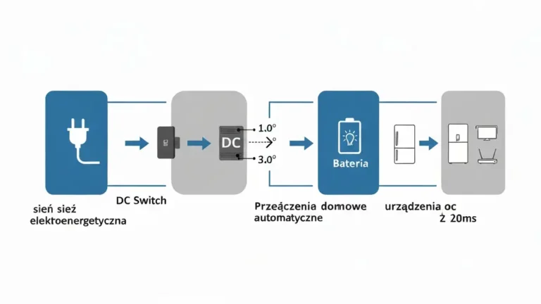 Schemat działania blackout protection w falowniku hybrydowym – przełączenie z sieci na zasilanie akumulatora podczas przerwy zasilania