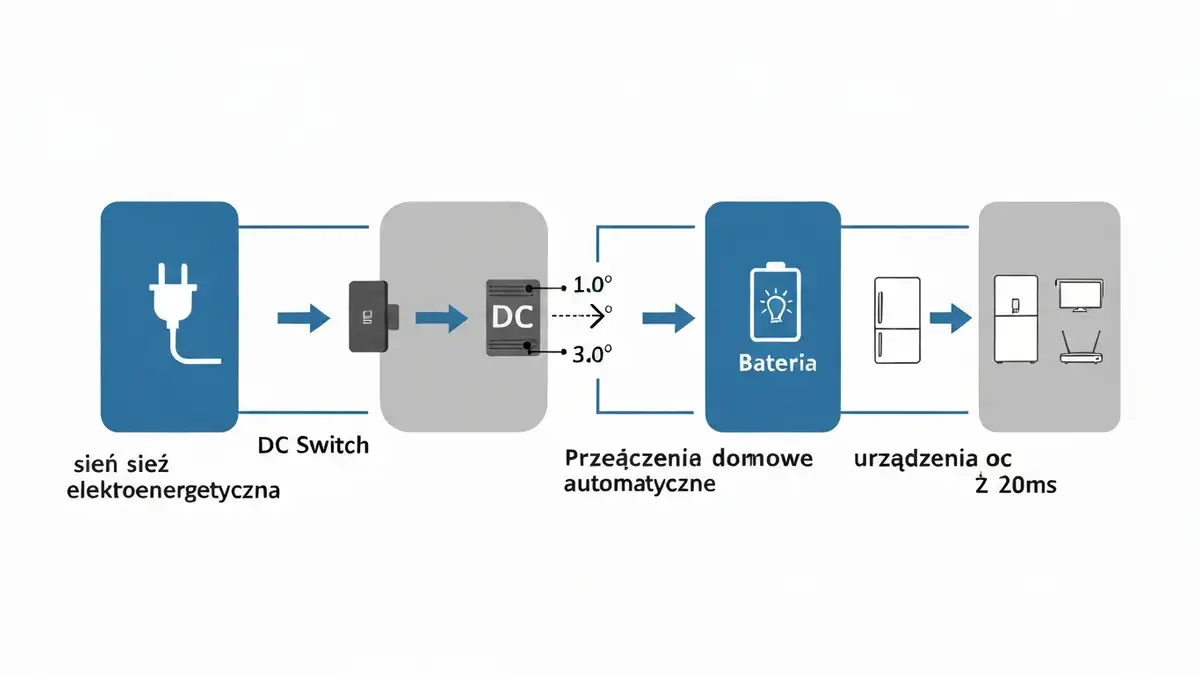 Schemat działania blackout protection w falowniku hybrydowym – przełączenie z sieci na zasilanie akumulatora podczas przerwy zasilania