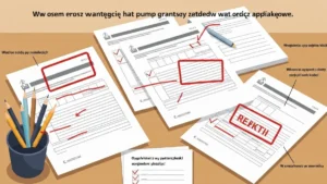 Ilustracja przedstawiająca błędy we wnioskach o dotację na pompę ciepła: formularze z poprawionym tekstem, stempel odrzucenia, lista kontrolna